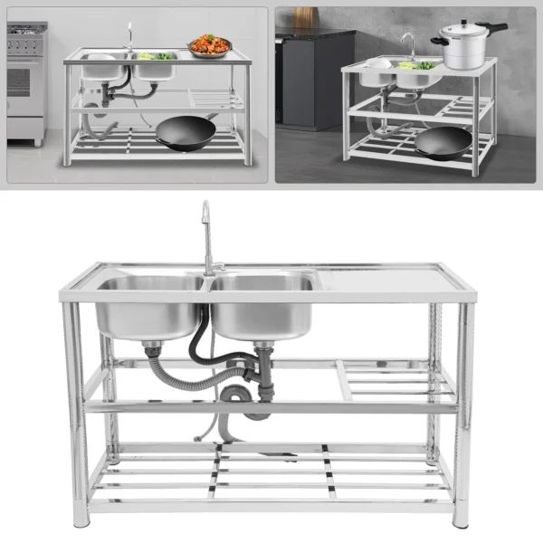 Stainless Steel Independent Sink With Faucet And Drainage Pipe, Double Bowl Sink Suitable For Outdoor Indoor,Dining Room,Kitchen
