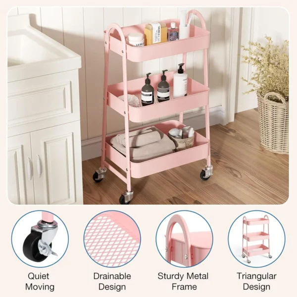 Utility Rolling Cart, Metal Mobile Storage Shelf with Lockable Caster Wheels, Organization for Livingroom, Bathroom, Kitchen