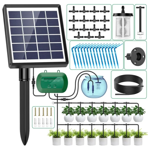 Solar Automatic Watering Kit for Garden Automatic Drip Watering System with 15m Water Hose Automatic Watering Timer for Holidays
