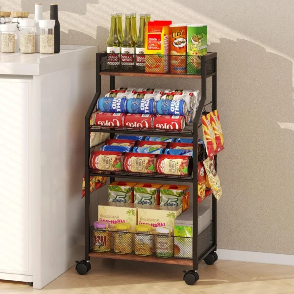 Soda Can Organizer for Pantry, Mobile Beverage Storage Rack with Wheels, Versatile Metal Shelf for Kitchen and Office