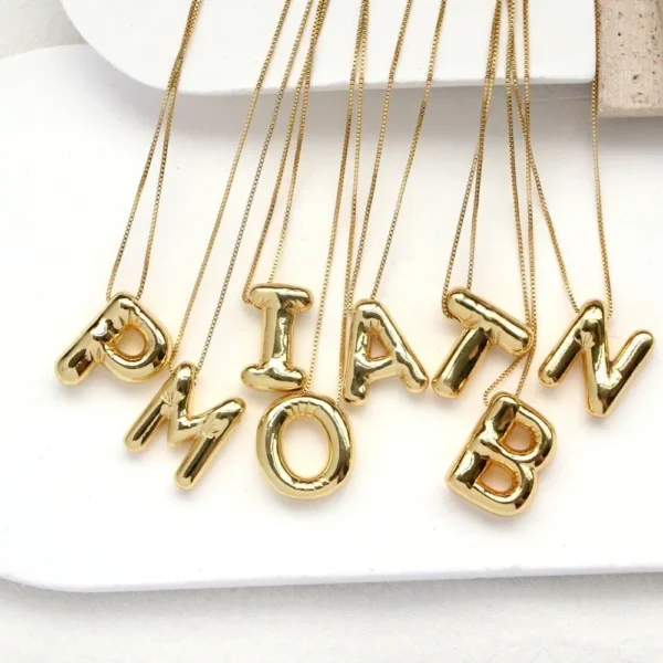 LATS Gold Plated Metal Chunky Alphabet Balloon Bubble Initial Letter Pendant Necklace for Women Men Boy Fashion Jewelry